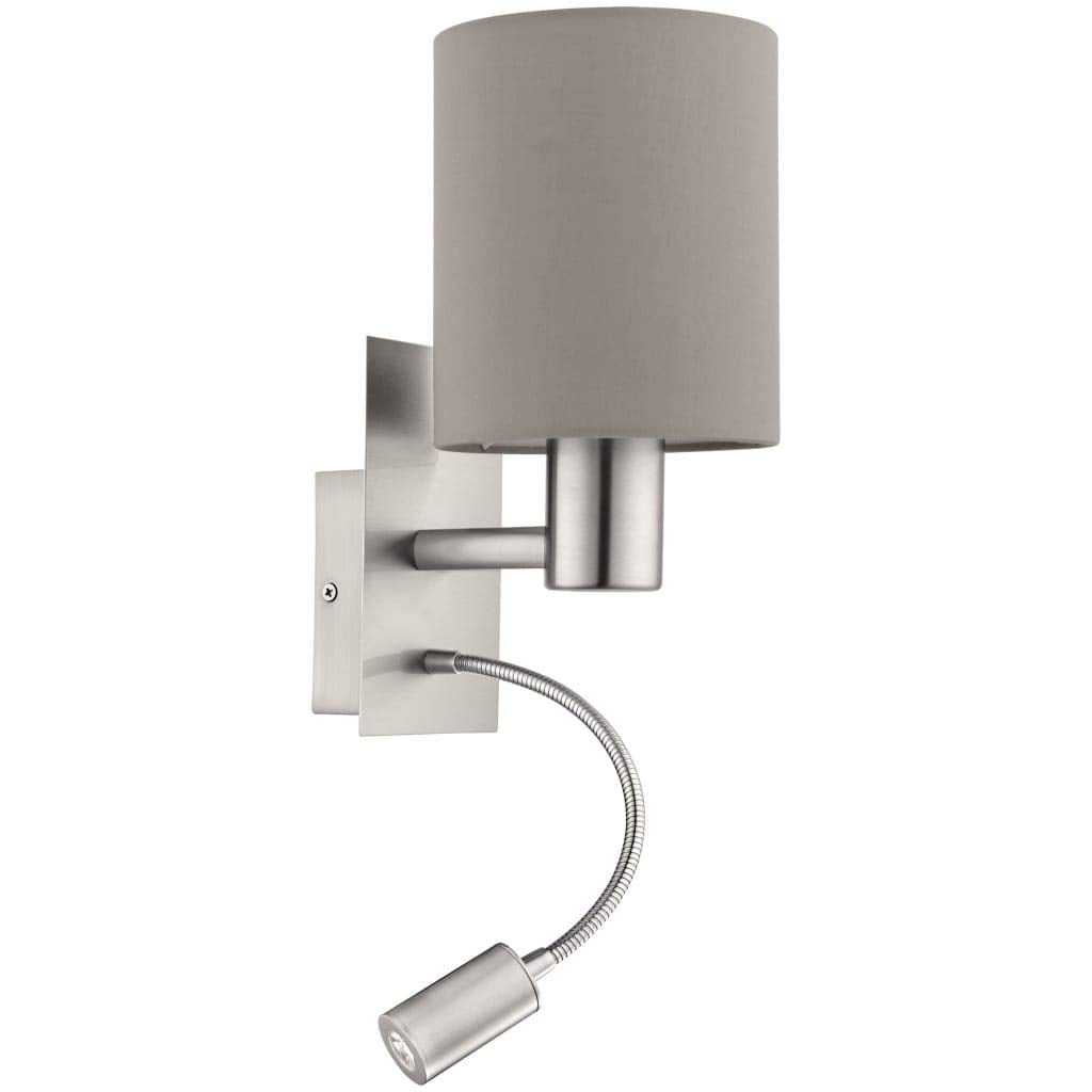 Eglo Pasteri 2-Bulb LED Fabric Wall Lamp, Steel and Fabric Bedside Light Coloured in Nickel Matt and Taupe, E27 Socket, incl. Switch and Flexible Reading Light