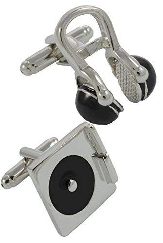 COLLAR AND CUFFS LONDON - Premium Cufflinks with Gift Box - Designer Cufflinks for Men - DJ Record Turntable and Headphones - Solid Brass - Disc Jockey Music Player - Silver and Black Colours