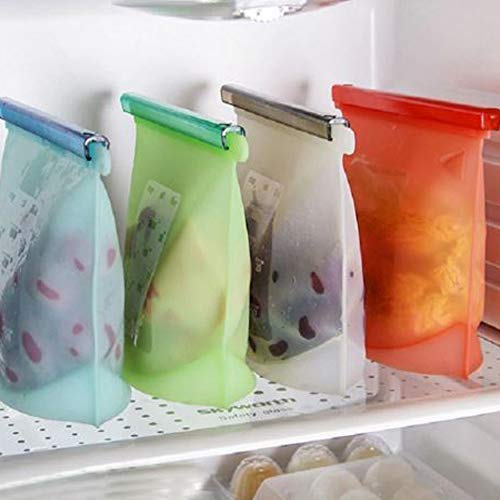 Sagrach Reusable Set of 4 Airtight Silicone Leakproof Food Storage Bag For Vegetable |Liquid| Meat | Refrigerator Cooking Pouch | Foldable Freezer Bag (Assorted, 27.5cm x 20.5cm x 9cm,1500ML_4Pc)