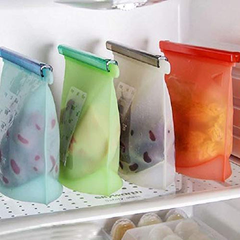 Sagrach Reusable Set of 4 Airtight Silicone Leakproof Food Storage Bag For Vegetable |Liquid| Meat | Refrigerator Cooking Pouch | Foldable Freezer Bag (Assorted, 27.5cm x 20.5cm x 9cm,1500ML_4Pc)