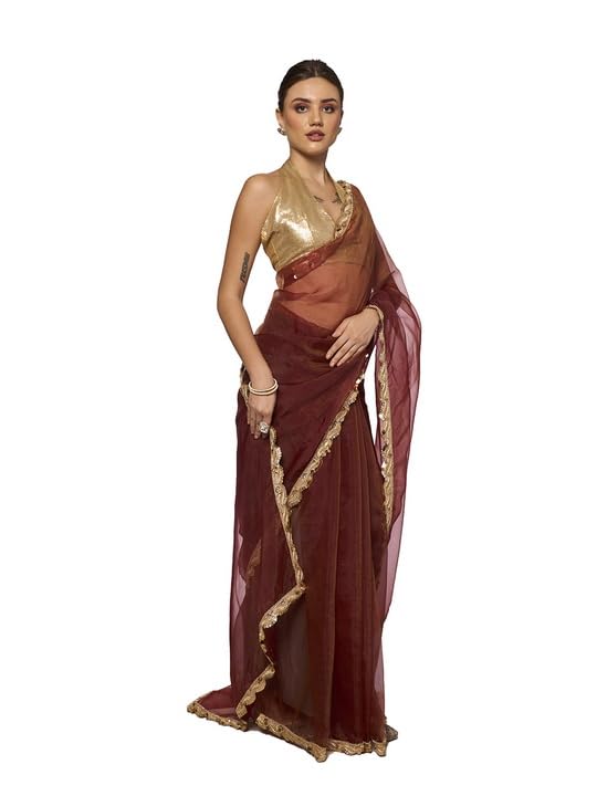 ORHANS Women's Organza Lightweight Lace Work Saree With Art Silk Sequence Work Golden Unstitched Blouse Piece, Metallic, One Size