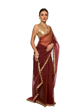 ORHANS Women's Organza Lightweight Lace Work Saree With Art Silk Sequence Work Golden Unstitched Blouse Piece, Metallic, One Size
