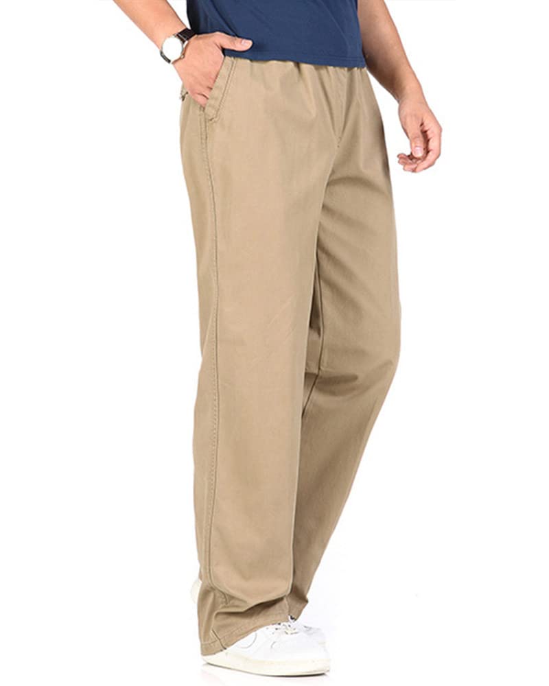utcoco Men's Casual Cotton Pants Relaxed Fit Elastic Waist Straight-Leg Chino Pant (XX-Large, Yellow)
