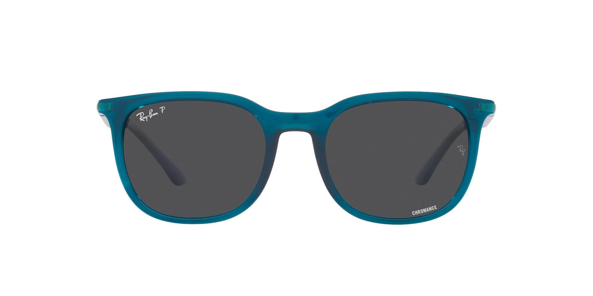 Ray-Ban RB4386F Low Bridge Fit Square Sunglasses, Transparent Turquoise/Polarized Dark Grey, 55 mm