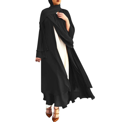 IBTOM CASTLE Women's Chiffon Muslim Cardigan Kaftan East Arabian Abaya Dress Casual Islamic Cover Up Long Dresses, Black, Large