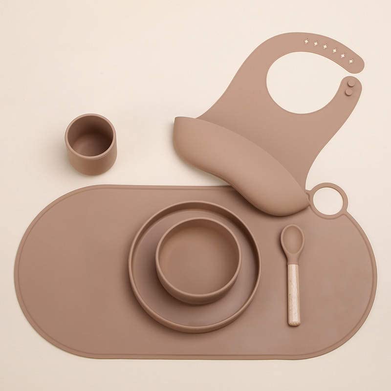 Baby Weaning Set - Food Grade Silicone with Bowl, Plate, Cup, Spoon, Placemat, & Adjustable Bib - Dishwasher and Microwave Safe Baby Feeding Set, Caramel (CT07)