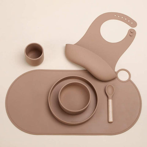 Baby Weaning Set - Food Grade Silicone with Bowl, Plate, Cup, Spoon, Placemat, & Adjustable Bib - Dishwasher and Microwave Safe Baby Feeding Set, Caramel (CT07)