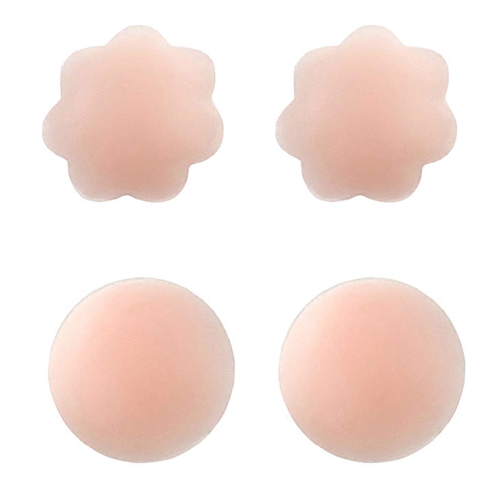 Qiuyan 2 Pairs Silicone Nipple Covers Pasties Invisible Reusable Adhesive for Party Dress - Round and Flower