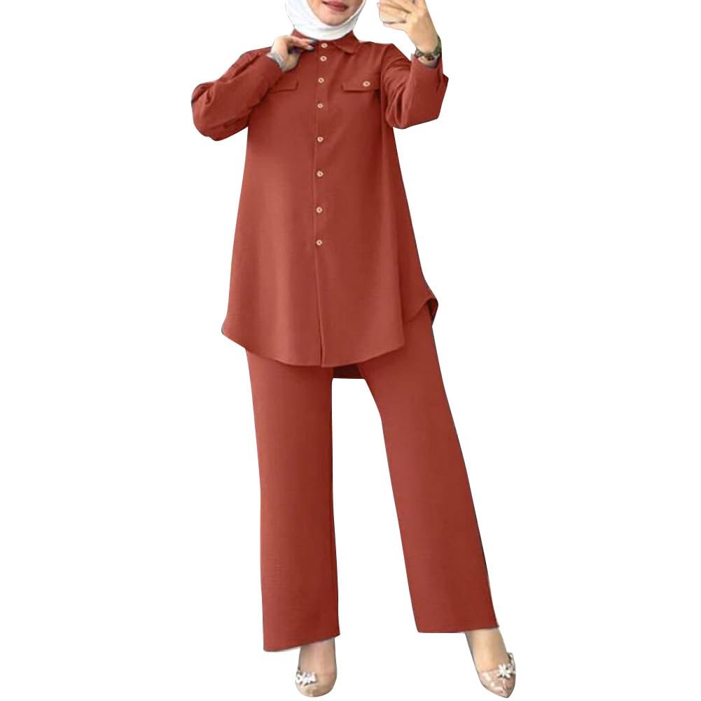 Muslim Dress For Women Abaya Turkey Kaftan Long Sleeve Ethnic Shirts Blouse Modest Tops For Women Islamic Pants Prayer Dress Eid Muslim Clothes For Women 2 Piece Set Brick Red- Button Down Shirt L