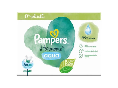 Pampers Harmonie Aqua Baby Wipes, 6 Packs of 48 Wipes = 288 Baby Wipes, Gentle Skin Protection for Delicate Skin with 99% Water