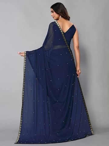 "	 SICHI Women'S Lycra Lace Work Saree With Unstitched Blouse Piece, Navy Blue3, One Size"