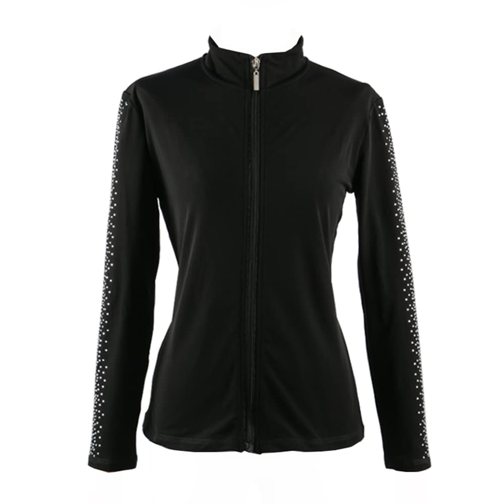 LIUHUO Figure Skating Training Suit Jacket Girls Rhinestone Vertical Stripes Black
