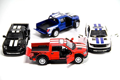 KiNSMART 2013 Ford F-150 SVT Raptor Supercrew Racing Stripe Edition1:46 Scale 5" Die Cast Metal Model Toy Truck SetOf4