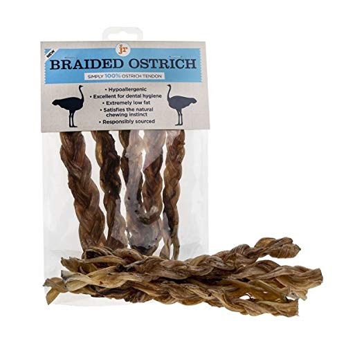 JR Pet Products (5 x 7 Inch) 100% Ostrich Meat Braided Tendon Twisters Long Lasting Dog Chew Treat High Protein & Low Fat