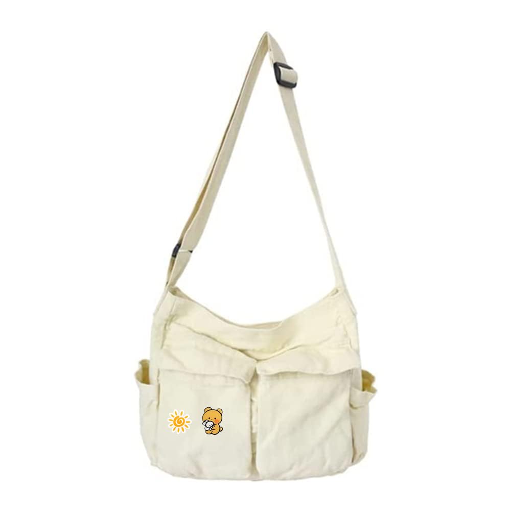Canvas Messenger Bag Large Hobo Crossbody Bags with Multiple Pockets,School Vintage Shoulder Laptop Bag for Women and Men, White