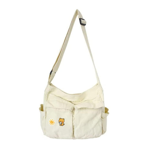 Canvas Messenger Bag Large Hobo Crossbody Bags with Multiple Pockets,School Vintage Shoulder Laptop Bag for Women and Men, White