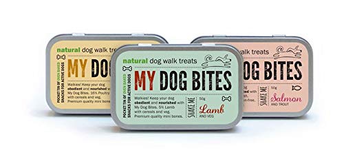 My Dog Bites-Pocket Size TRAINING Treat Tins -SHAKE ME! 3x tins Chicken, Lamb & Salmon! Perfect for any size or breed of Dog! Gift for doggie lovers