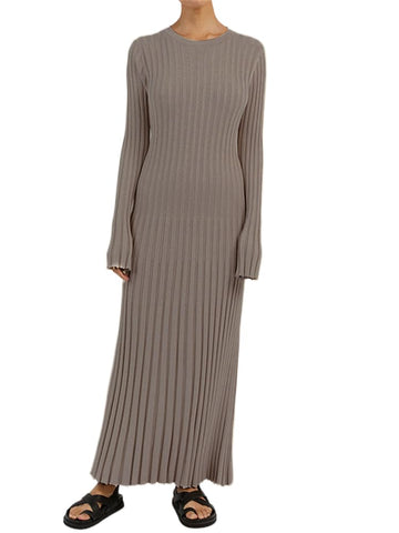 Bowanadacles Women Casual Knitted Maxi Dress Solid Color Long Sleeve Round Neck Ribbed Long Dress Elegant Party Knit Dress
