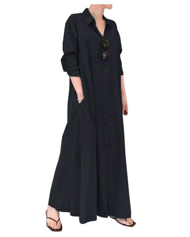 Ladyful Women's Casual Button Down Cotton Linen Long Shirt Dress, Navy Blue, L