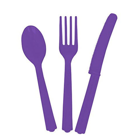 Amscan Party Perfect Reusable Plastic Cutlery Set Tableware, Purple, Full Size, Pack of 24 Party Supplies