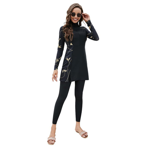 Muslim Swimsuits for Women: Modest Swimwear Islamic Long Sleeve Burkini Swimsuit Full Cover Swimming Muslim Dress Tops Pants Rash Guard Sets 2 Piece Tankini Set Bathing Suits Black Leaves Medium