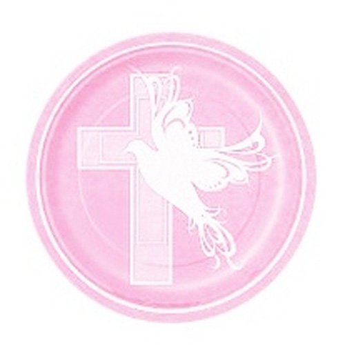 Unique Baptism Party Supplies Plate Dove Cross Pink Small 7" (2 ct)