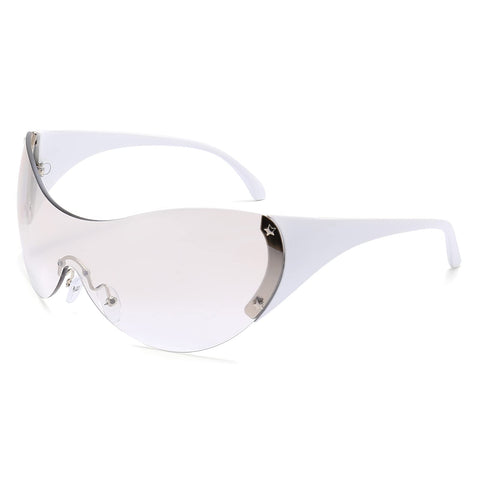 LJCZKA y2k Wraparound Sunglasses Women Men Large Sunglasses Rimless Oval Y2K Glasses Star Futuristic Sports Glasses with UV Protection, White / clear grey