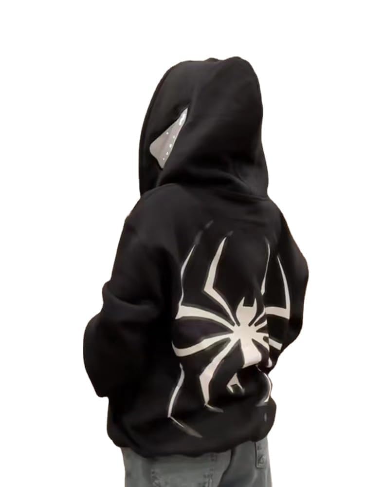 ZENMANCHEN Y2k Hoodie Men Spider Full Zip Hoodie Spiderman Jacket Hip Hop Aesthetic Graphic Hoodies Gothic Emo Grunge Hoodie, Black, Medium