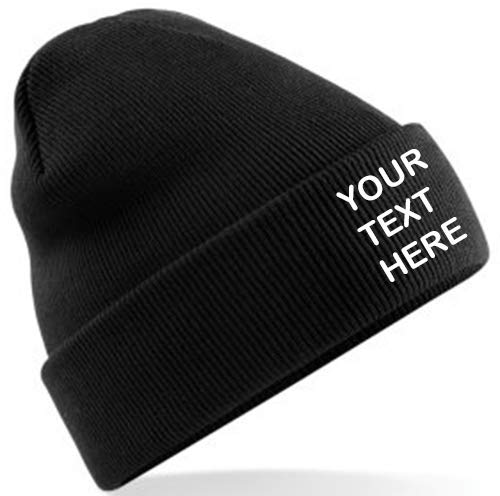 Personalised/Embroidered Mens/Ladies Black Beanie Hat, Text/Logo (Black)