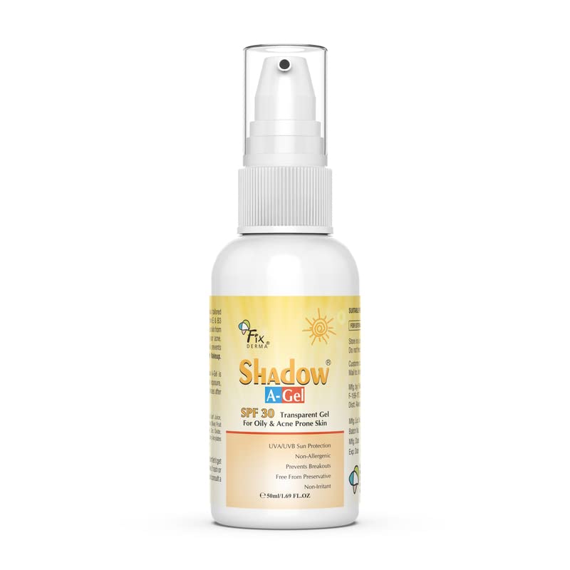Fixderma Shadow Sunscreen A-Gel SPF 30 | Dermatologist Tested Sunscreen for Face | Non-oily Sunscreen for Acne Prone Skin, Transparent Gel | Broad Spectrum Sunscreen for UVA Protection - 1.7 Fl Oz