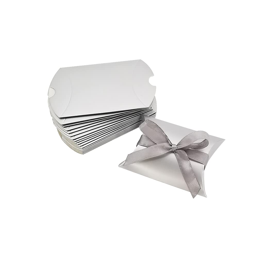50 Pcs Paper Candy Pillow Boxes Foldable Gift Box Wedding Favors Boxes Decorative Presents Boxes Graduation Party Thank You Boxes for Birthdays Holidays Silver