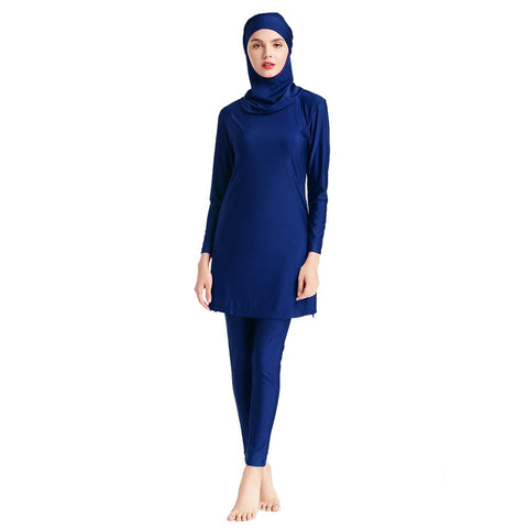 Full Body Womens Muslim Swimsuits with Hijab Modest Islamic Arabic Swimwear Burkini Swimming Cap Muslim Tops Pants Rashguard Bathing Suit Solid Color Dark Blue 2XL