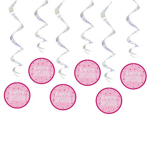 Unique 83806" Happy Birthday Pink Hanging Swirl Decorations-32 Silver | 6 Pcs
