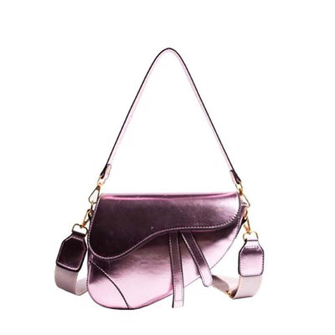 PURFANREE Women Trendy Small Clutch Purse Saddle Shoulder Bag Underarm Handbag Satchel HandBag Crossbody Bag, Metalic Pink, One Size