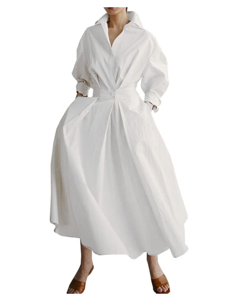 Ladyful Elegant Cotton Shirt Dress for Women Long Sleeve Maxi Dress White