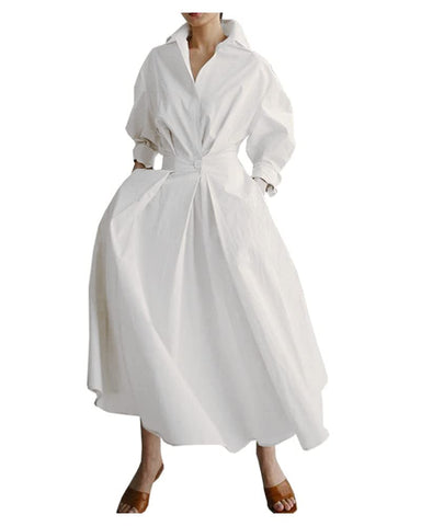 Ladyful Elegant Cotton Shirt Dress for Women Long Sleeve Maxi Dress White