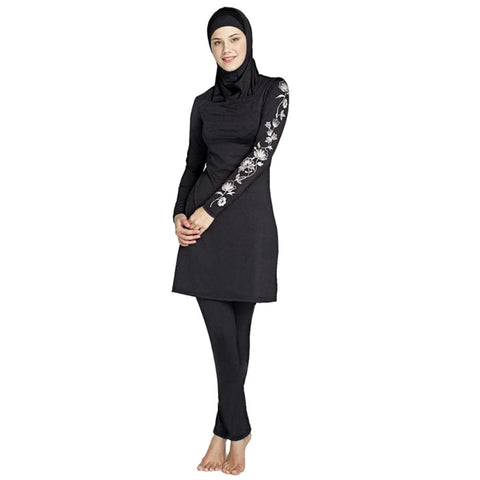 ODIZLI Women Modest Muslim Swimsuit Full Coverage Swimwear Islamic Hijab Ladies Beachwear Swimming Burkini Swim Suit Solid Color Full Cover Rash Guard Arabic Swimwear Long Sleeve Black Floral 2XL