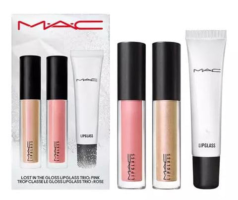 M.A.C Lost In Gloss Lipglass Trio - Pink - 2 New Sparkling Shades of Full-Sized Lipglass (Melt My Heart, Gleam On) and Full-Sized Lipglass Clear.