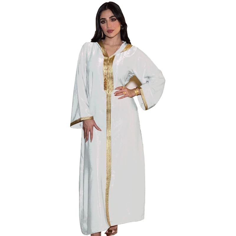 PolyJolly White Galabeya Abaya With Hoodie for Women Moroccan Sadui Gold Border Kaftan Fancy Eid Dress M