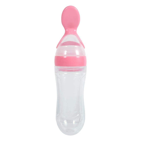Baby Feeding Bottle, 1Pc 90mLSilicone Baby Food Squeeze Bottle Spoon Feeder Rice Paste Spoon for Baby Toddler(Pink)