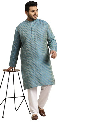 Sojanya Plus (Since 1958) Men's Jacquard Silk Peacock blue Self design ONLY Long Kurta -Size: 52