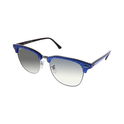 Ray-Ban RB3016F Clubmaster Low Bridge Fit Square Sunglasses, Wrinkled Blue On Brown/Clear Gradient Grey, 55 mm