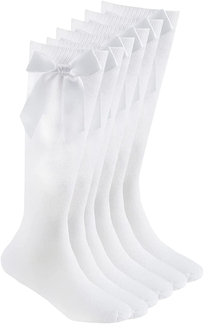 COSHALÃƒÆ’Ã†â€™ÃƒÂ¢Ã¢â€šÂ¬Ã…Â¡ÃƒÆ’Ã¢â‚¬Å¡Ãƒâ€šÃ‚Â® 3 Pairs Girls Knee High School Cotton Socks with Fluffy Ribbons Bow Back to School Socks Uniform Party Wear Comfort Fit Socks Stocking Girls Bow Knee High Kids School Socks Size (12-3) White