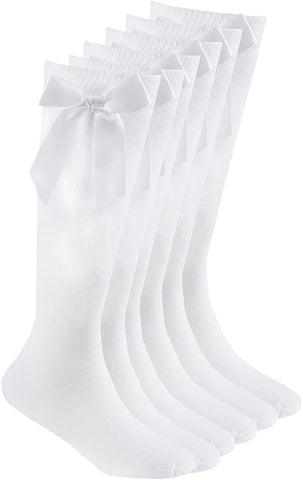 COSHALÃƒÆ’Ã†â€™ÃƒÂ¢Ã¢â€šÂ¬Ã…Â¡ÃƒÆ’Ã¢â‚¬Å¡Ãƒâ€šÃ‚Â® 3 Pairs Girls Knee High School Cotton Socks with Fluffy Ribbons Bow Back to School Socks Uniform Party Wear Comfort Fit Socks Stocking Girls Bow Knee High Kids School Socks Size (12-3) White