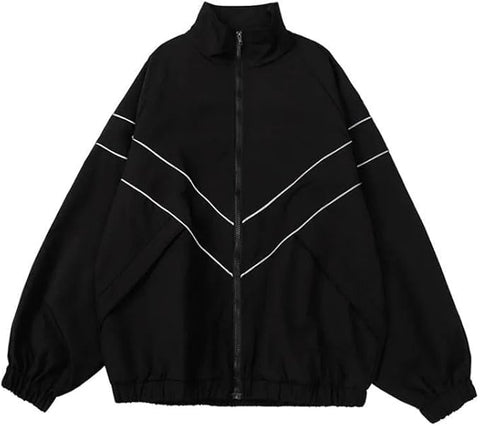 Pbkabiug Vintage Women Jackets Hip Hop Style Patchwork Windbreak Unisex Streetwear Lightweight Jackets Bomber Jackets (Black 2,L,Large)