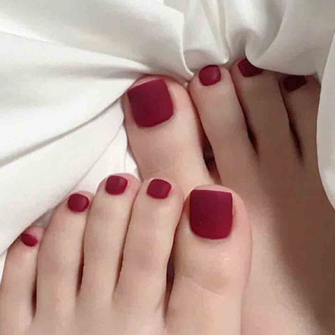 Outyua Solid Square Fake Toenails matte Press on Toe Nails Short Acrylic False Toes Nails Artificial Beach Full Cover Toenail for Women 24 Pcs (Wine Red)