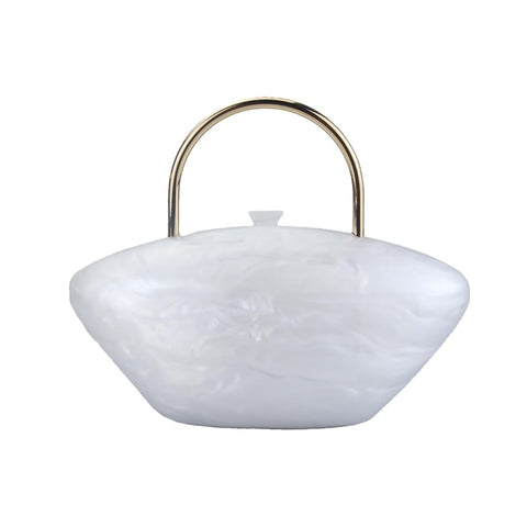 DEBIMY Acrylic Shell Shaped Clutch Purse Marbling Evening Handbags for Women Wedding Party Prom Cross Body Bag White