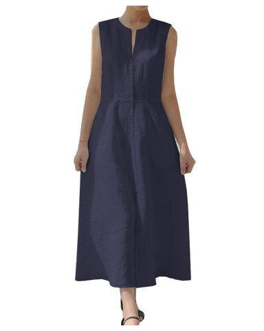 Ladyful Women's V Neck Solid Color Sleeveless Cotton Linen Dress