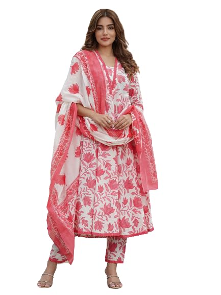 PARTHVI Rayon Women's Printed Anarkali Kurta Pant And Dupatta Set (Xxx-Large, Pink)