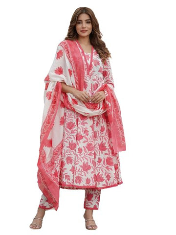 PARTHVI Rayon Women's Printed Anarkali Kurta Pant And Dupatta Set (Xxx-Large, Pink)